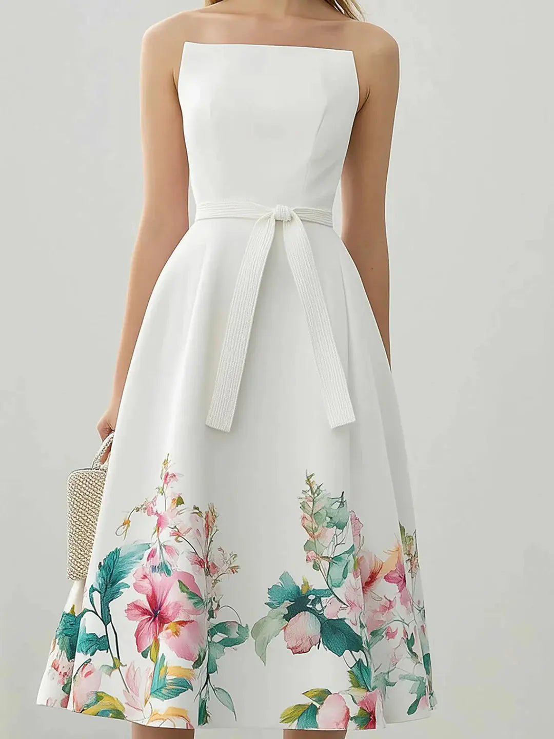 Çiçekli Saten Midi Elbise ve Kemer - Decostal