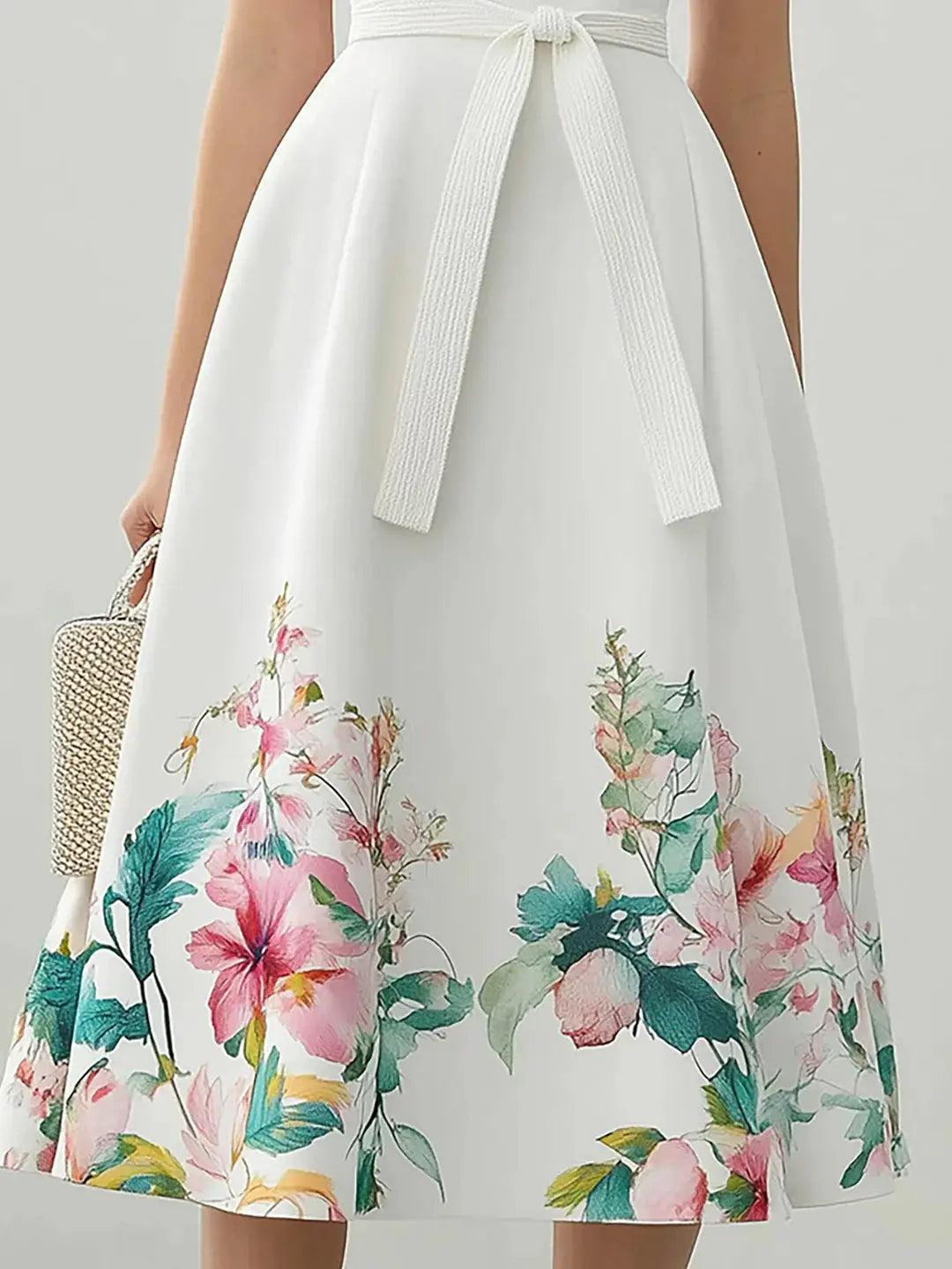 Çiçekli Saten Midi Elbise ve Kemer - Decostal