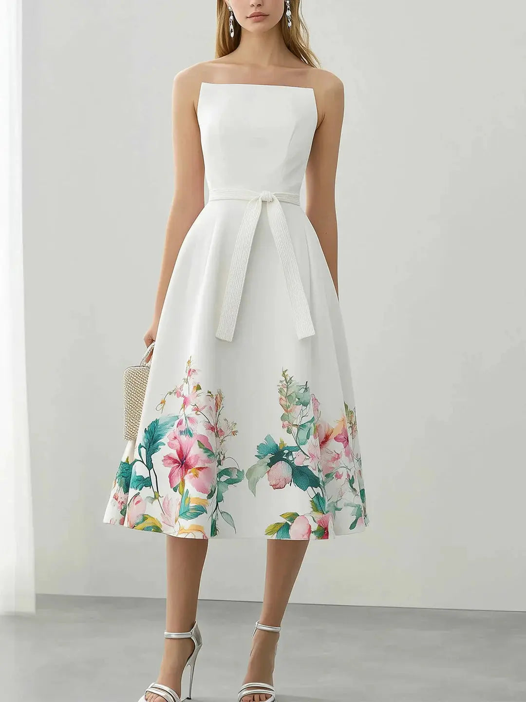 Çiçekli Saten Midi Elbise ve Kemer - Decostal