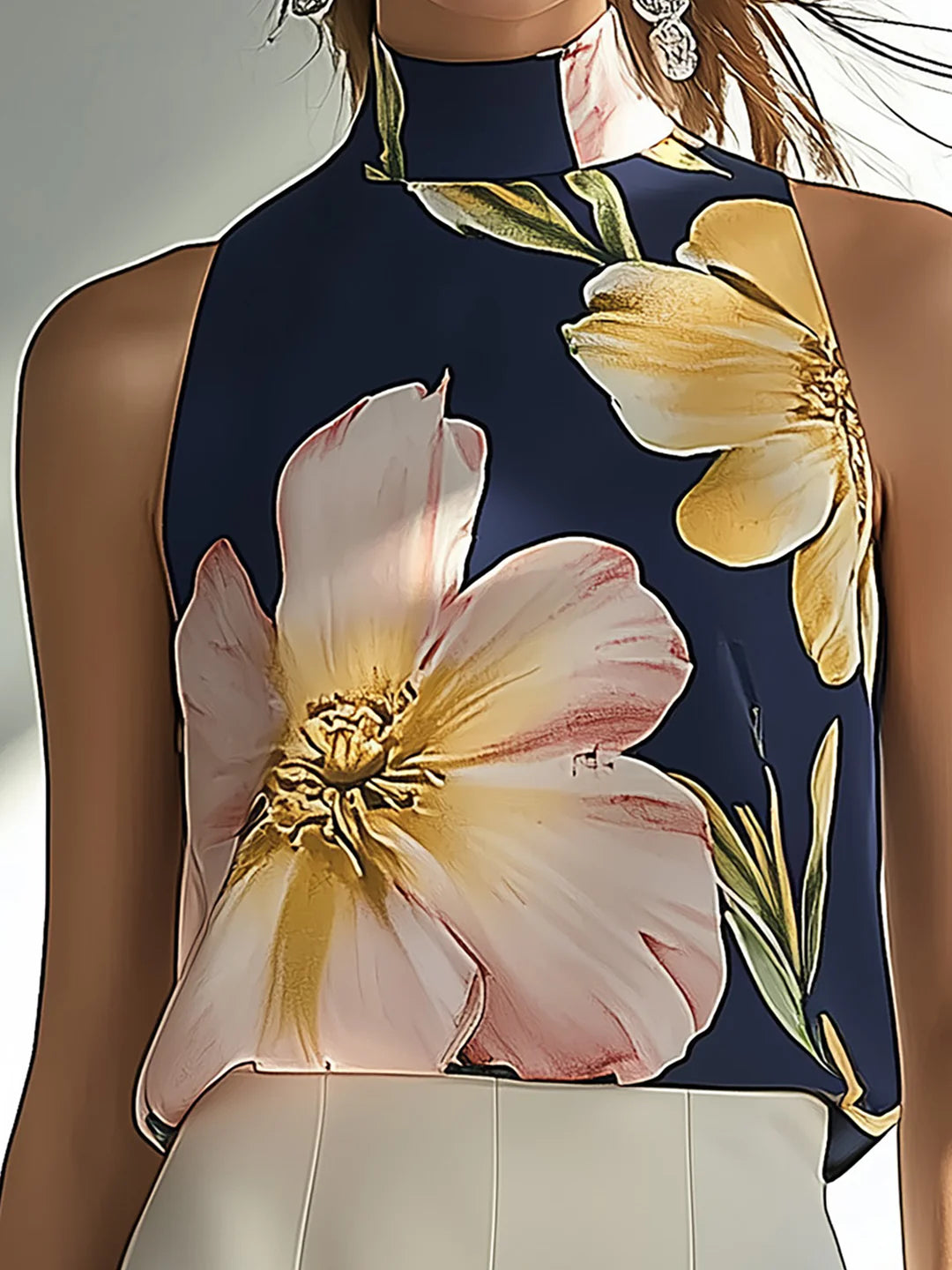 Çiçekli Lacivert Saten Kolsuz Üst