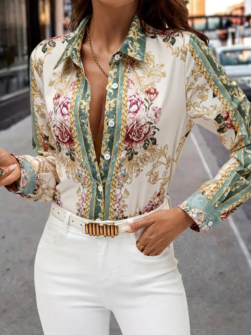 Çiçek Desenli Düğmeli Gömlek