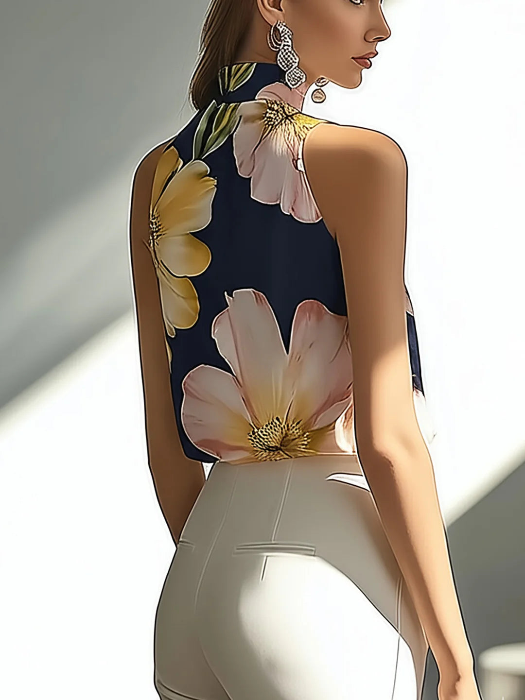 Çiçekli Lacivert Saten Kolsuz Üst