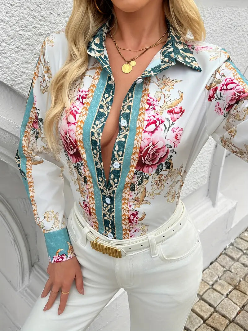 Çiçek Desenli Düğmeli Gömlek